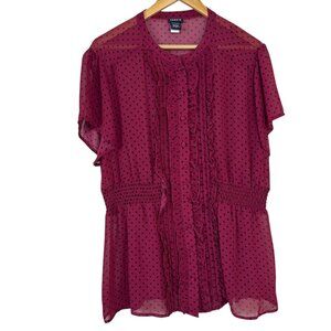 Torrid Sheer Dark Red Blouse Top Plus Size 2X Black Polka Dots Career Casual